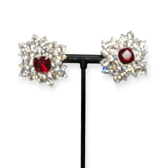 Silver, Rhinestone, and Red Gem Post Earrings - Picture 1 of 7